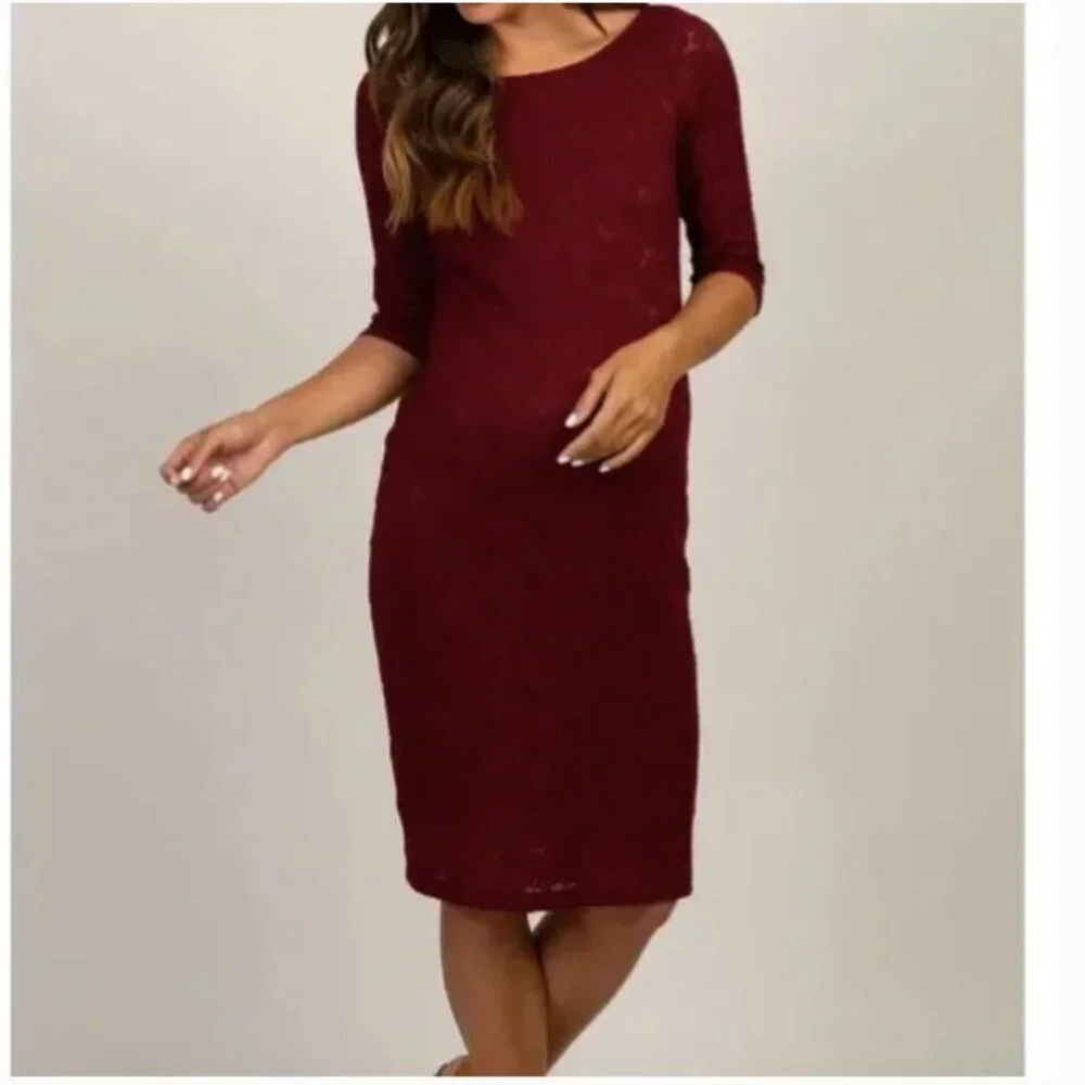 NWT Pinkblush Maternity Ruched Lace Dress Burgundy - Picture 3 of 10